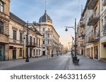 Lodz, Poland. Famous Piotrkowska pedestrian street with beautiful old buildings