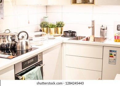 Lodz, Poland, Jan 12, 2019 exhibition at IKEA store. modern Kitchen Worktops. IKEA is Swedish-founded Dutch-based co. that designs, sells ready-to-assemble furniture, appliances, home accessories.