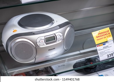 Lodz, Poland, July 28, 2018 Inside RTV EURO AGD Electronic Store, Philips AZ127 Boombox Music Player On Display, FM/AM, CD, Cassette Tapes, Produced By Philips