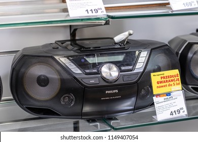 Lodz, Poland, July 28, 2018 Inside RTV EURO AGD Electronic Store, Philips AZ787 Boombox Music Player On Display For Sale, FM/AM, CD, Produced By Philips Co. 