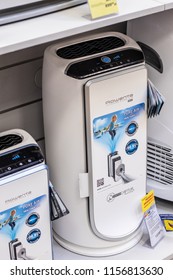 Lodz, Poland, July 28, 2018 Inside RTV EURO AGD Electronic Store, Rowenta PU6020 XL Air Purifier Capture Airborne Particles, Pollen, Allergens, Dust Mites, Mould Spores, Pet Dander, Cigarette Smoke