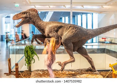 Lodz, Poland, May 18, 2019: Utahraptor In Shopping And Entertainment Center Mall SUKCESJA, Utah's Predator Is Genus Of Dromaeosaurid Theropod Dinosaur, Utahraptor Ostrommaysi, Family Dromaeosauridae