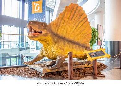 Lodz, Poland, May 18, 2019: Dimetrodon dino in shopping and entertainment center mall SUKCESJA, extinct genus of synapsids mistaken for dinosaur, Dimetrodon limbatus, family Sphenacodontidae