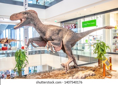 Lodz, Poland, May 18, 2019: Utahraptor In Shopping And Entertainment Center Mall SUKCESJA, Utah's Predator Is Genus Of Dromaeosaurid Theropod Dinosaur, Utahraptor Ostrommaysi, Family Dromaeosauridae