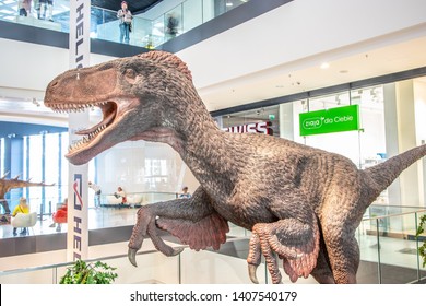 Lodz, Poland, May 18, 2019: Utahraptor In Shopping And Entertainment Center Mall SUKCESJA, Utah's Predator Is Genus Of Dromaeosaurid Theropod Dinosaur, Utahraptor Ostrommaysi, Family Dromaeosauridae