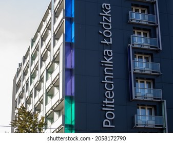 Lodz, Poland - September 27, 2021: A Large Inscription On The Facade Of The Dormitory Of The Lodz University Of Technology 