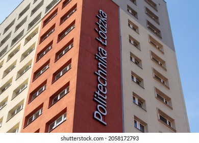 Lodz, Poland - September 27, 2021: A Large Inscription On The Facade Of The Dormitory Of The Lodz University Of Technology 