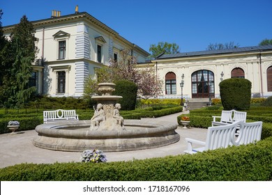 LODZ,POLAND, APRIL 28,,2020; Beatiful fountain in garden in Museum - Villa Edward Herbst - Lodz, Poland