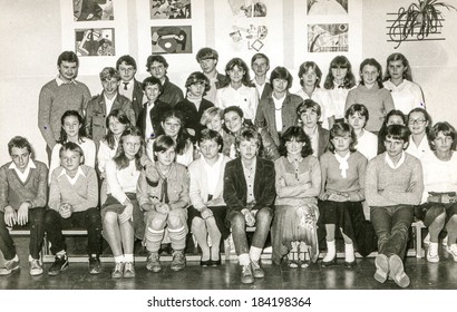 LODZ,POLAND, CIRCA 1970's: Vintage Photo Of Group Of  Classmates Posing Together At School