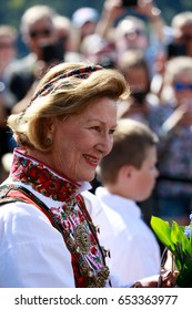 LOEN, NORWAY - MAY, 20 2017: Queen Sonja Of Norway At The Opening Of SkyLift, A Gondola Lift In Loen