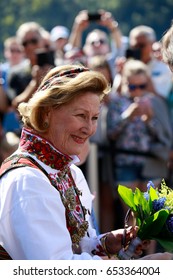 LOEN, NORWAY - MAY, 20 2017: Queen Sonja Of Norway At The Opening Of SkyLift, A Gondola Lift In Loen