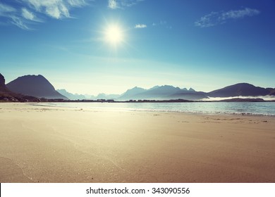 Lofoten Beach In Sunny Summer Day, Norway