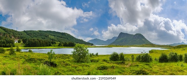 Lofoten fjord, Haukland beach and mountains summer cloudy landscape, Norway. Panorama. - Shutterstock ID 2193269549