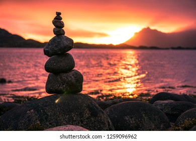 Lofoten Island Rcok Cairn Sunrise