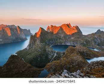 Lofoten islands aerial view sunset landscape in Norway mountains and lakes travel beautiful destinations scenery scandinavian northern nature   - Powered by Shutterstock