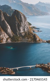 Lofoten Islands In Norway Landscape Aerial View Travel Drone Rocks And Fjord Scenery Famous Place Scandinavian Nature