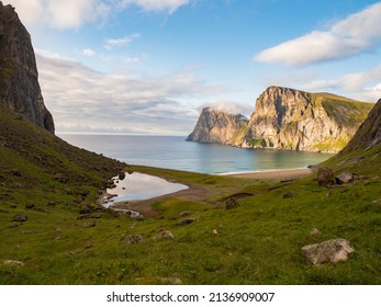 Lofoten, Norway - August 2019; Trail To The Beach Of Kvalvika, Lofoten, Northern Norway. Northern Europe. Scandinavia.