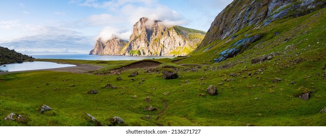 Lofoten, Norway. Trail To The Beach Of Kvalvika, Lofoten, Northern Norway. Northern Europe. Scandinavia.