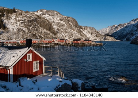 Similar – Red cottages-tourist rorbuer in A i Lofoten. Sorvagen-Norway-323