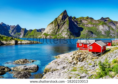 Lofoten Summer Landscape Lofoten is an archipelago in the county of Nordland, Norway. Is known for a distinctive scenery with dramatic mountains and peaks