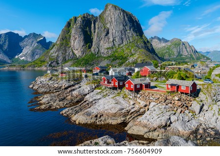 Lofoten Summer Landscape
Lofoten is an archipelago in the county of Nordland, Norway. Is known for a distinctive scenery with dramatic mountains and peaks Stock photo © 