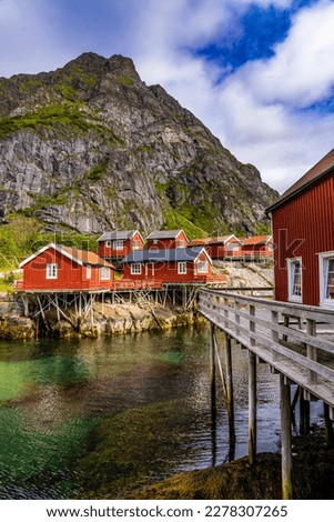 Lofoten summer landscape. Lofoten is an archipelago in Nordland county, Norway. It is known for distinctive scenery with dramatic mountains and peaks Stock photo © 