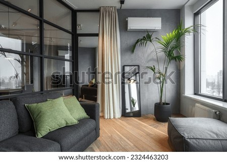 loft interior in living room with green pillows on sofa, comfort pouf, mirror on wooden floor near grey wall and plant in ceramic pot near window. upscale apartment