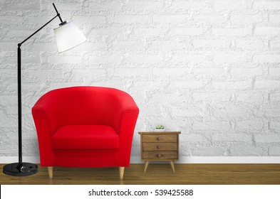 Loft Living Room And Red Sofa In Front Of White Wall.