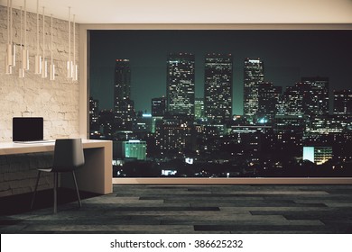 Loft Studio Design With Panoramic Window And Night City View. 3D Render