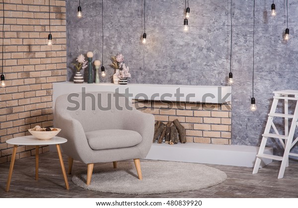 Loft Style Interior Modern Fireplace Firewood Stock Photo Edit