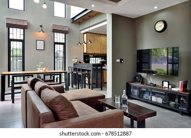 Loft Style Living Room Next To Loft Kitchen.