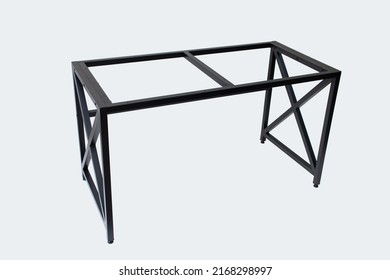 Loft Style Table Made Of Black Metal Pipe. Office Furniture. Table With Metal Frame. Modern Furniture In Loft Style. Furniture Isolated On White Background. Office Table. Metal Frame Table.