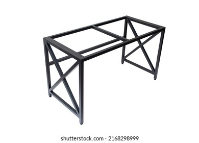 Loft Style Table Made Of Black Metal Pipe. Office Furniture. Table With Metal Frame. Modern Furniture In Loft Style. Furniture Isolated On White Background. Office Table. Metal Frame Table.