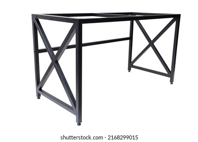 Loft Style Table Made Of Black Metal Pipe. Office Furniture. Table With Metal Frame. Modern Furniture In Loft Style. Furniture Isolated On White Background. Office Table. Metal Frame Table.