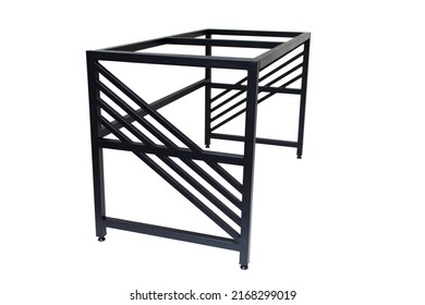 Loft Style Table Made Of Black Metal Pipe. Office Furniture. Table With Metal Frame. Modern Furniture In Loft Style. Furniture Isolated On White Background. Office Table. Metal Frame Table.