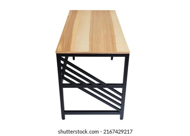 Loft-style Table Made Of Black Metal Pipe And Wooden Top. Office Furniture. Table With Metal Frame And Wooden Top. Modern Furniture In Loft Style. Furniture Isolated On White Background. Office Table