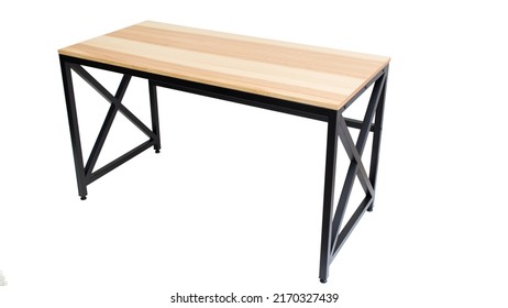 Loft-style Table Made Of Black Metal Pipe And Wooden Top. Office Furniture. Table With Metal Frame And Wooden Top. Modern Furniture In Loft Style. Furniture Isolated On White Background. Office Table