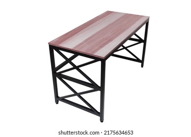 Loft-style Table Made Of Black Metal Pipe And Wooden Top. Office Furniture. Table With Metal Frame And Wooden Top. Modern Furniture In Loft Style. Furniture Isolated On White Background. Office Table