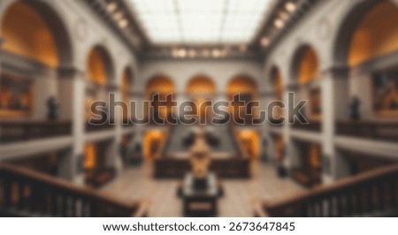 A lofty, light-filled museum interior, showcasing a grand architectural design with subdued colors.