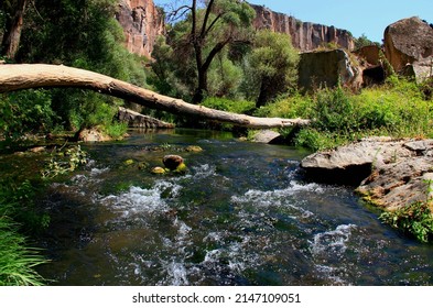 A log across a fast mountain river on the background of mighty rocks in the Ihlara Valley, Cappadocia, Turkey - Powered by Shutterstock