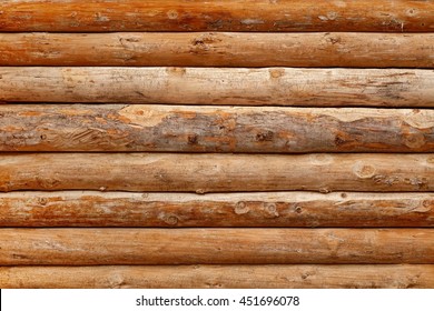 Log Cabin Or Barn Unpainted Debarked Wall Textured Horizontal Background With Copy Space