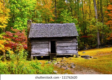 A Log Cabin In The Great Smoky Mountains National Park In The Fall