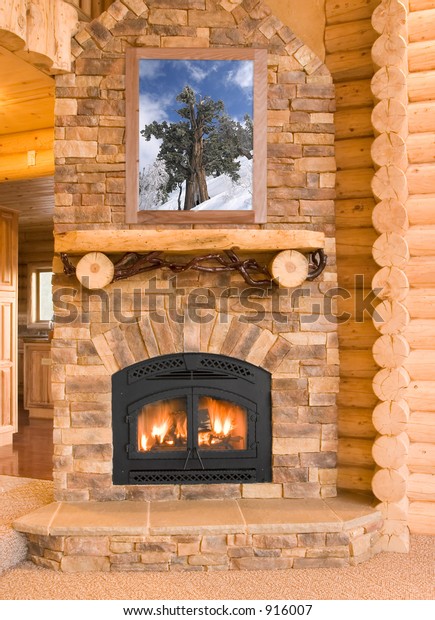 Log Cabin Home Interior Warm Fireplace Stock Image Download Now