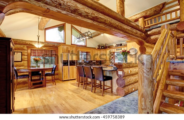 Log Cabin House Interior Dining Kitchen Stock Image