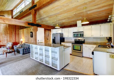 Log Cabin House Interior. View Of White Kitchen Room With Steel Appliances