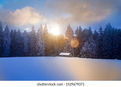 Log cabin window in wintry forest at sunrise