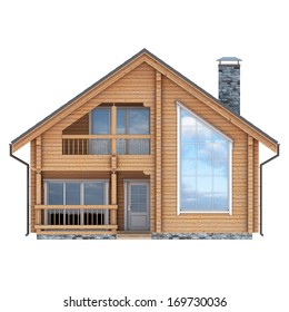 Log House Facade On White Background