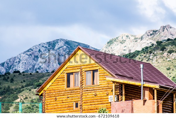 Log House Mountains Metal Roof Objects Industrial Stock Image