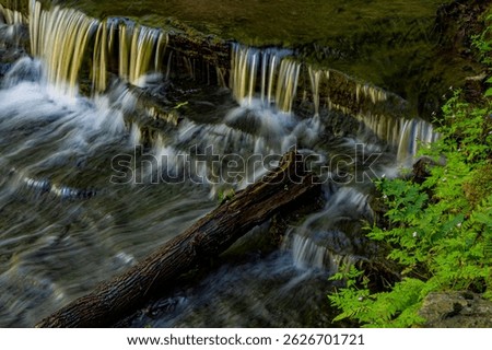 A log lays at the base of a small ledge falls just below Lucifer Falls in Enfield Gorge, Robert Treman State Park, Tompkins County, New York