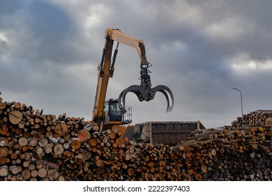 Log Loader In The Work. Log Pile. Wood Supply